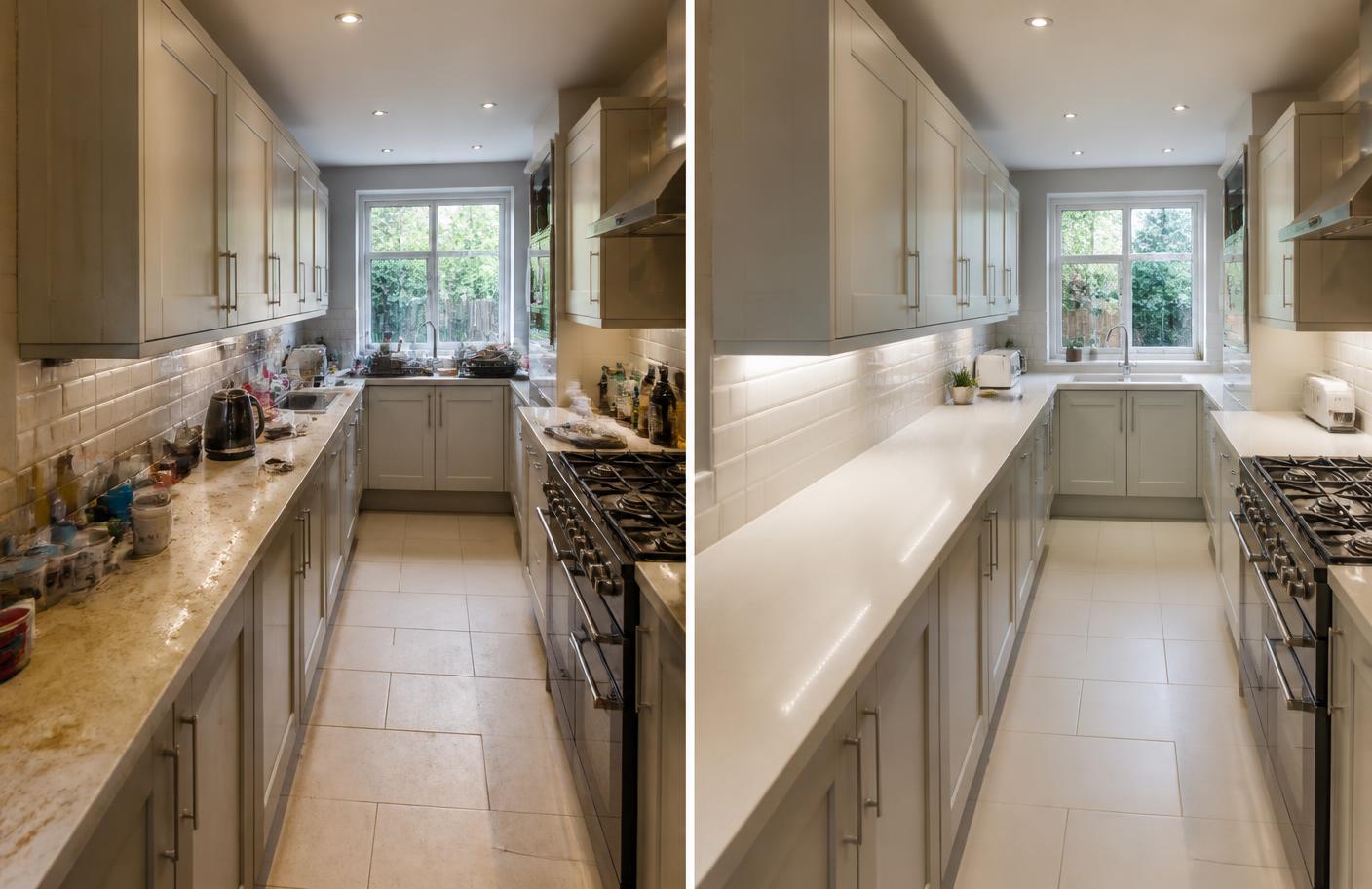 Kitchen before and after a professional clean